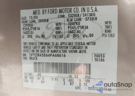 2004 Ford Ranger Edge/Tremor/Xlt z USA, uszkodzony, nr VIN 1FTZR45E64PA68616